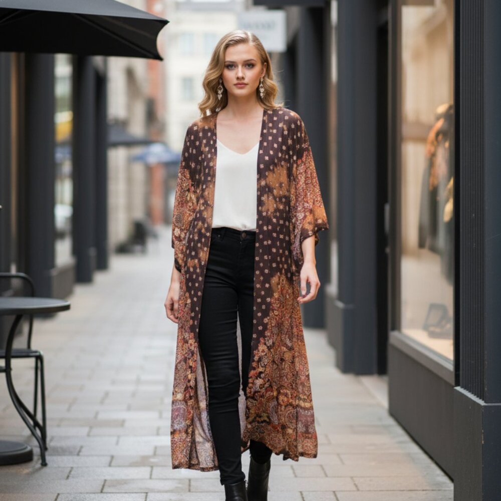 Angie Open Maxi Cardigan‎ Coat in Brown, Yellow, Orange Paisley Print- S-XL